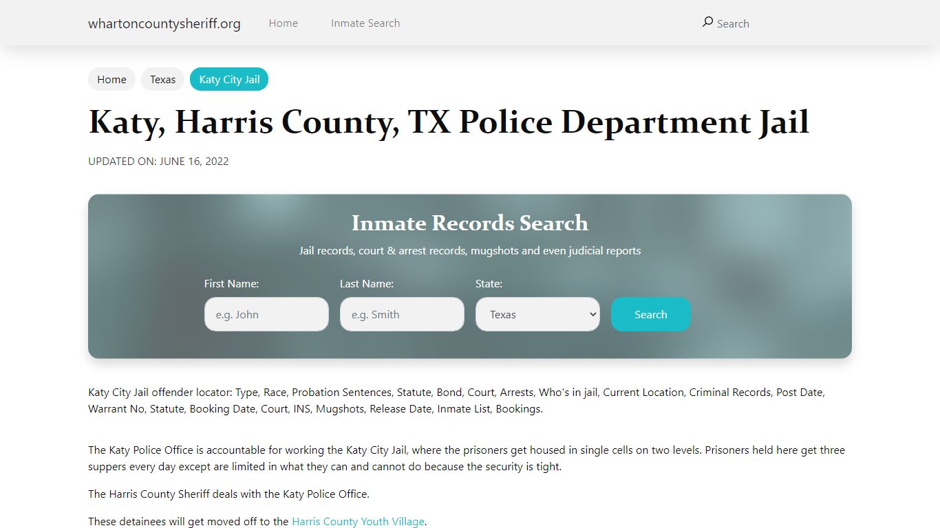 Katy, TX City Jail Inmates, Arrests - Wharton County Sheriff